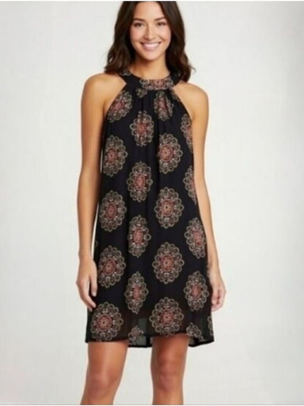Macy's Crystal Sky A Line Black Floral Medallion Sleeveless Dress Size Large